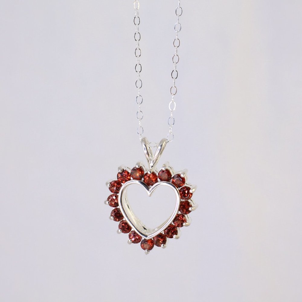 Red Rhinestone Heart Pendant Necklace Reversible Sterling Silver Clear Red 18"